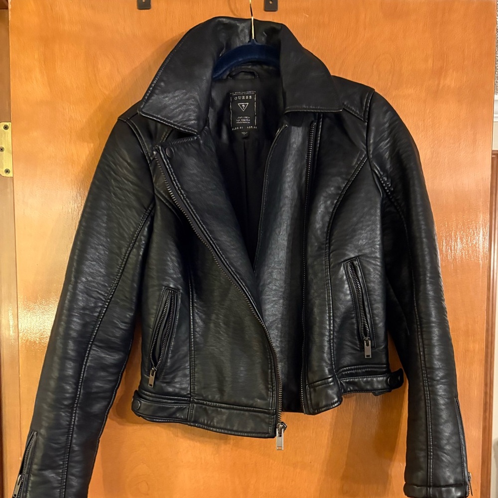 Guess Black Vegan Leather Biker Jacket
